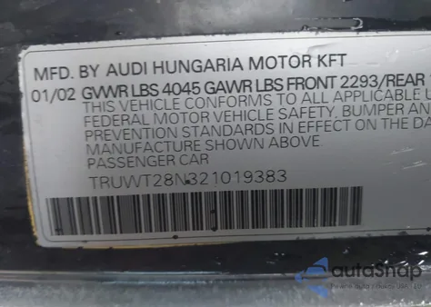 2002 Audi Tt 1.8L z USA, uszkodzony, nr VIN TRUWT28N321019383